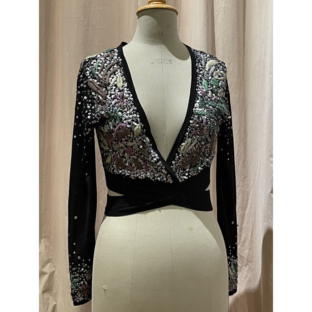 Vintage Emb and Sequined Silk/ Cotton Knit Crop Wrap Top S/M Unworn Pristine
